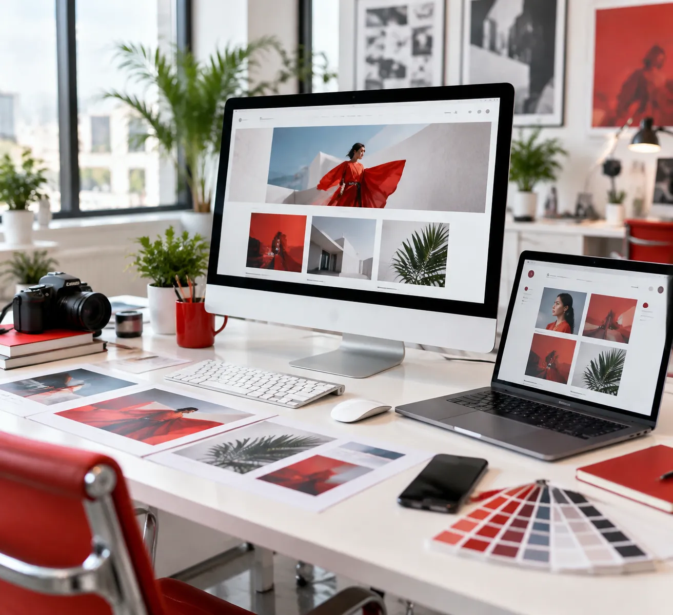 Website and design work on a desk in the Advantage Advertising studio